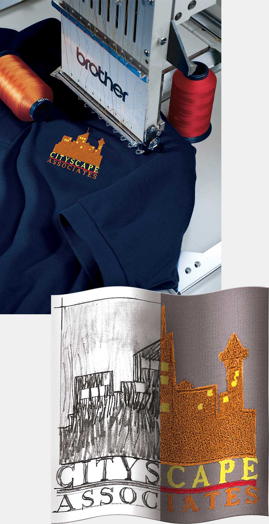 image of embroidery machine sewing city scape logo
