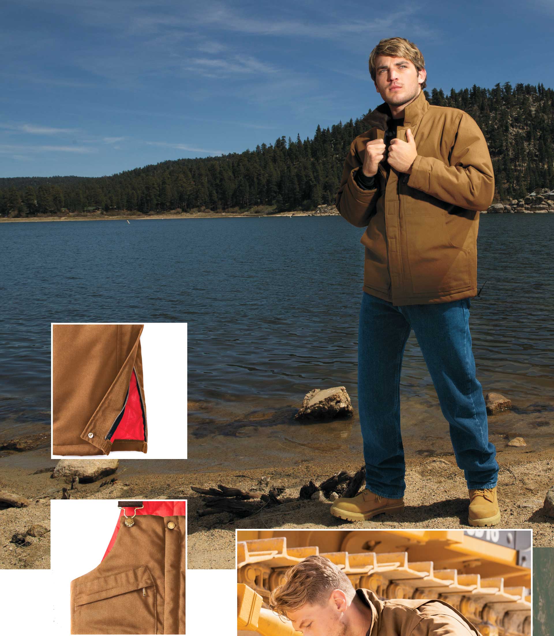 Man wearing steelguard jacket standing next to a pond