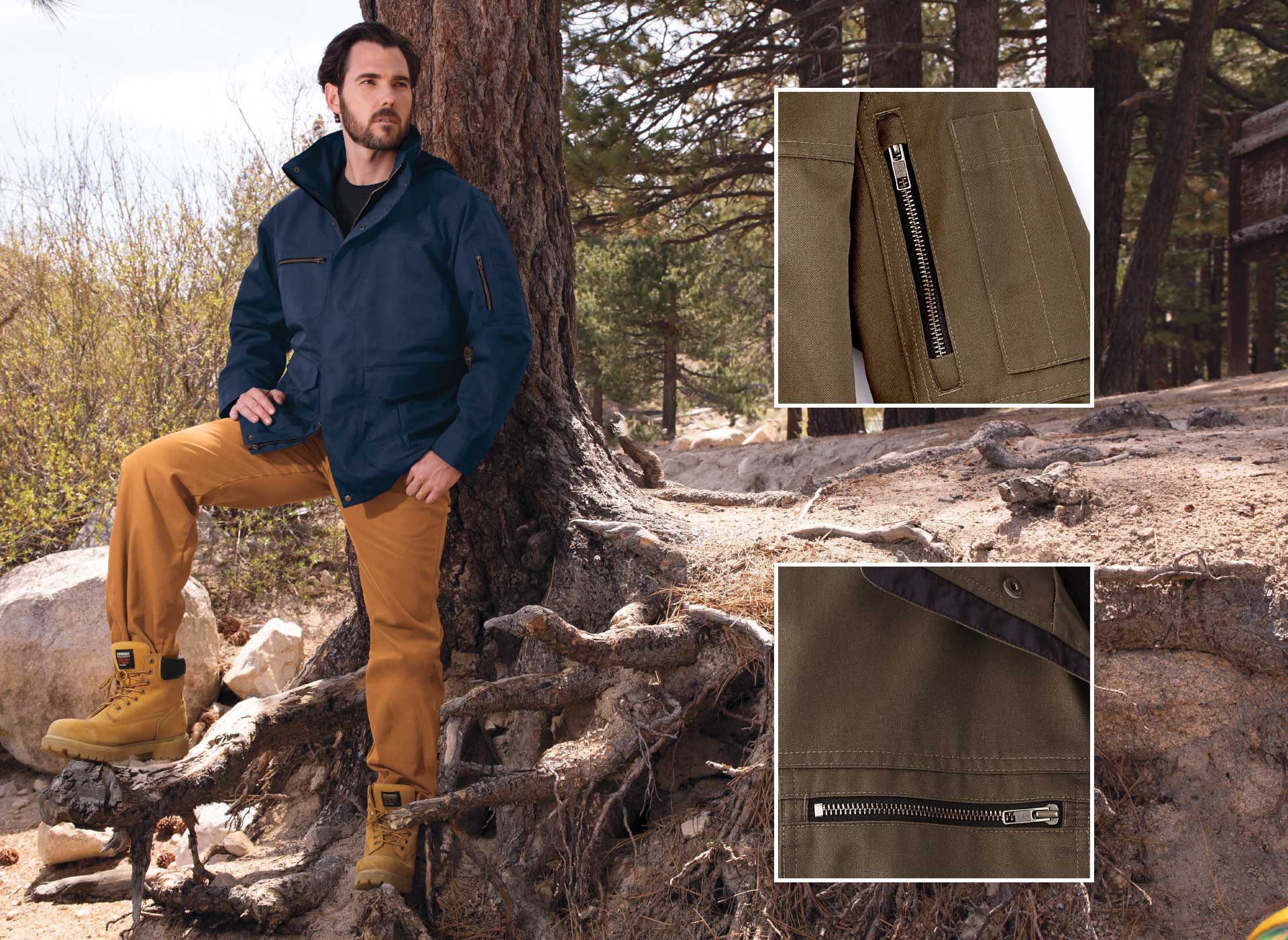 Man wearing steelguard jacket standing next to a tree
